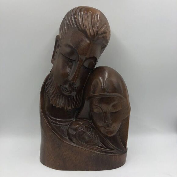 Vintage MCM Hand Carved Wood Sculpture Bust Art Holy Family Jesus Mary Joseph - Picture 3 of 14